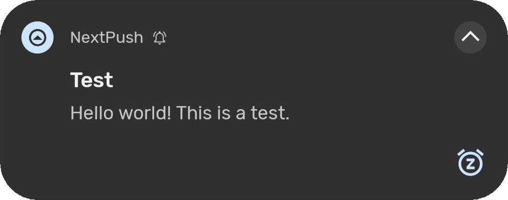 An Android screenshot showcasing a NextPush notification test