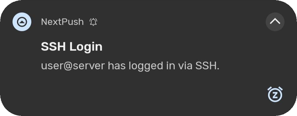 An Android screenshot showcasing a NextPush SSH Login notification