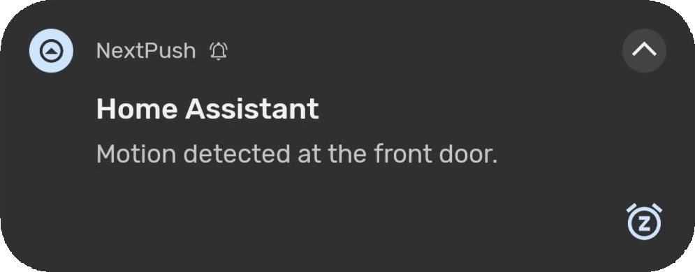 An Android screenshot showcasing a NextPush Home Assistant notification test